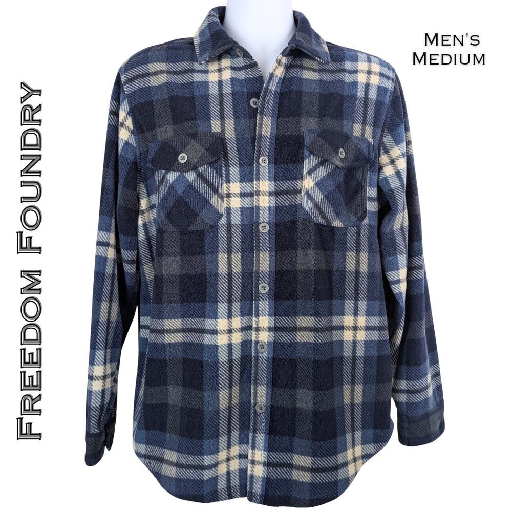 Freedom Foundry Mens Fleece Shirt Medium Blue Plaid Button Up Cabincore Normcore